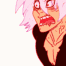 a close up of a cartoon character with pink hair and a scary face .