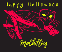 a black cat laying on a branch with the words happy halloween mochiling