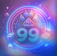 a logo for pet simulator 99 with a paw print and dice