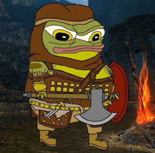 a cartoon of a frog in armor holding an axe and shield