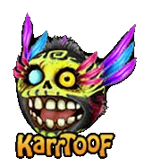 a picture of a skull with feathers on it and the word karrtoof below it