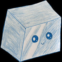 a child 's drawing of a cube with blue eyes