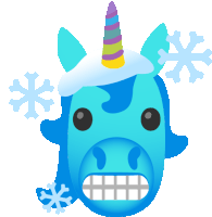 a blue unicorn with a rainbow horn and snowflakes on its head