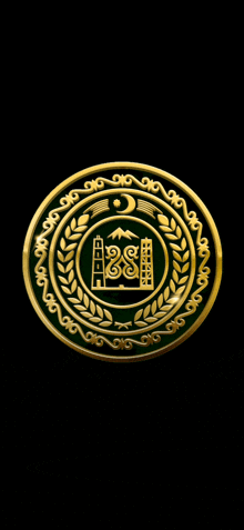 a gold coin with a tower in the center