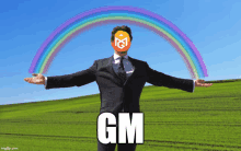 a man in a suit is standing in front of a rainbow with the word gm written below him