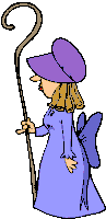 a cartoon drawing of a woman in a purple dress holding a cane