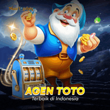 an advertisement for agen toto shows a cartoon dwarf