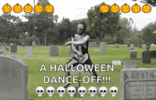 a skeleton is dancing in a cemetery with pumpkins and skulls in the background .