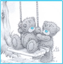 two teddy bears are sitting on a swing under a tree .