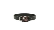 a black belt with a picture of a cat on the buckle .