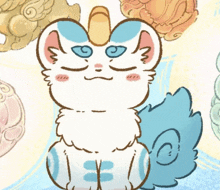 a drawing of a white cat with blue eyes and a blue tail