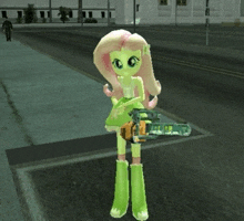 a cartoon girl is holding a chainsaw on a street