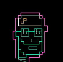 a neon drawing of a skull with a square on the top of it