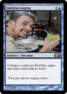 a card with a picture of a man and the words quebrou staging