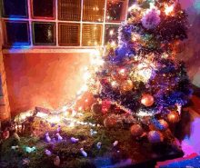 a christmas tree is lit up in front of a window