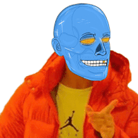 a man wearing an orange jacket has a blue skull mask on his head