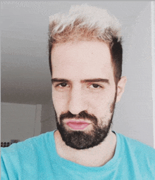 a man with a beard wearing a blue shirt looks at the camera