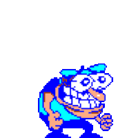 a pixel art of a cartoon character with big teeth and a blue hat