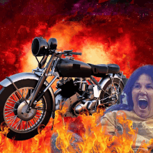 a woman is screaming in front of a motorcycle with flames behind it