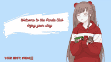 a girl in a red and white striped hoodie is holding candy and says " welcome to the panda club enjoy your stay "