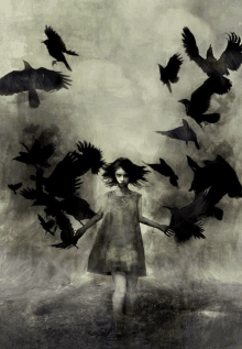 a painting of a girl surrounded by black birds