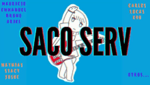 a cartoon of a girl holding a guitar with the words sacoserv written on it