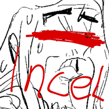 a black and white drawing of a face with the word cancel written in red