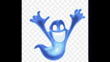 a blue cartoon ghost is flying in the air with its arms outstretched and a smiling face .