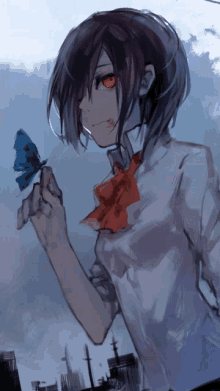 a girl with red eyes is holding a blue flower in her hand