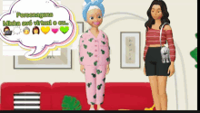 two dolls standing next to each other with a speech bubble that says personagens minha avo virtual e eu