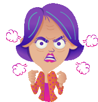 a cartoon illustration of a woman with purple hair and steam coming out of her ears