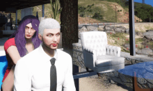 a woman with purple hair stands behind a man in a tie