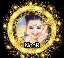 a woman in a gold frame with the name noor on it