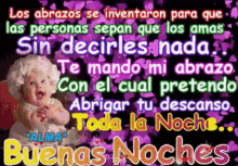 a baby is on a purple background with the words " los abrazos se inventaron para que las personas sepan que los ama sin decirles nada