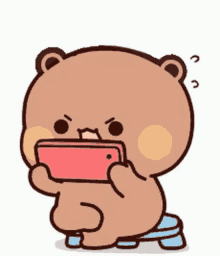 a cartoon teddy bear is sitting on a stool holding a cell phone in his mouth .