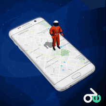 a samsung phone with an astronaut on the map