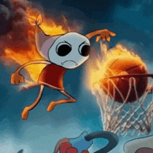 a cartoon character is jumping into a basketball hoop with a fireball coming out of it .