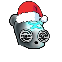 a cartoon of a bear wearing a santa hat with hype written on its eyes