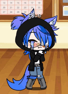 a cartoon character with blue hair and a black hoodie