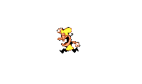 a pixel art of a cartoon character wearing a yellow shirt , black pants and white gloves .