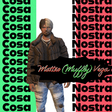 a poster for matteo muffly vega shows a man in a jacket and jeans