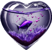 a purple fish is swimming in a heart shaped fish tank