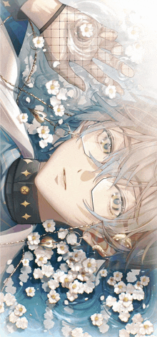 a boy with glasses is laying in the water with flowers surrounding him