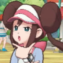 a cartoon girl wearing a pink and white hat is holding her hand to her chin and making a funny face .