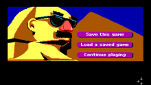 a computer screen shows a man wearing sunglasses and a mustache and the words save this game load a saved game and continue playing