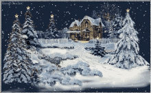 a snowy scene with a house and christmas trees in the background