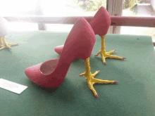 a pair of pink high heels with yellow chicken feet on a green table .