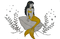 a drawing of a mermaid with black hair and a yellow tail