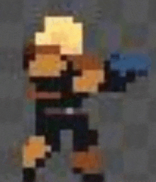 a pixel art of a man holding a gun in his right hand .