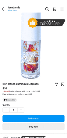 a phone screen shows a product called 24k roses luminous lipgloss for $10